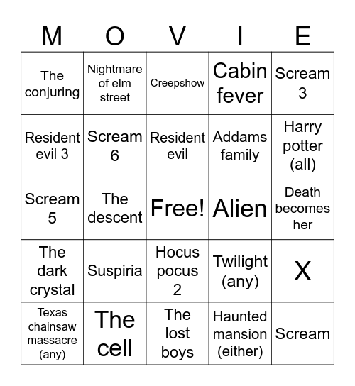 Sppoky Season Movie Bingo 2024 Bingo Card