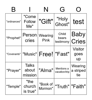 Testimony Meeting BINGO Card