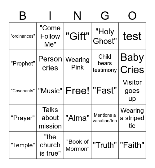 Testimony Meeting BINGO Card