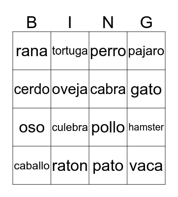 Animals Bingo Card