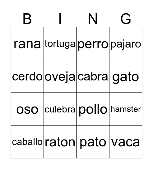 Animals Bingo Card