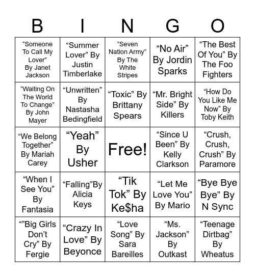 #1 Top 2000’s Bingo Card