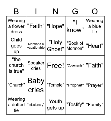 Testimony Meeting Bingo Card