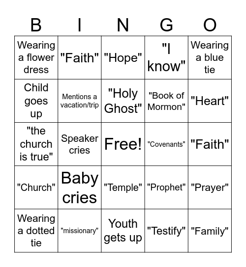 Testimony Meeting Bingo Card