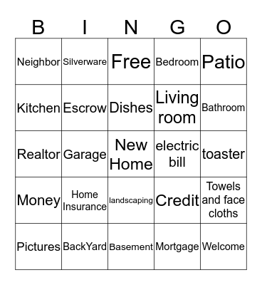 House Warming Bingo Card