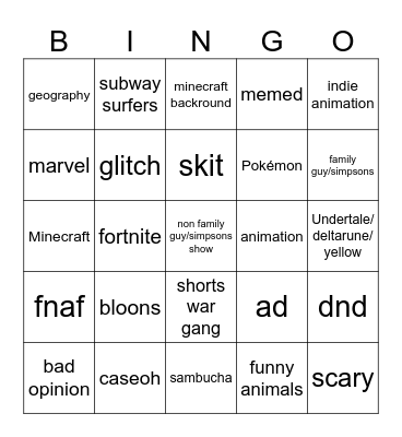 shorts bingo Card