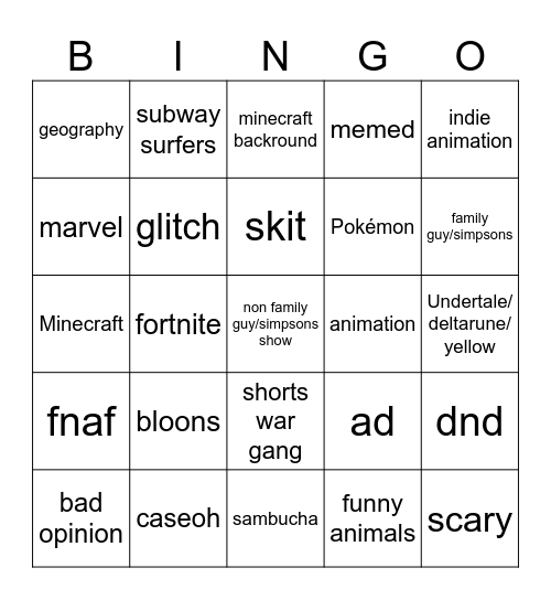 shorts bingo Card