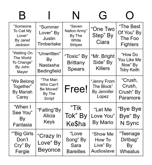 #1 Top 2000’s Bingo Card