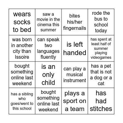 Get to know you Bingo Card