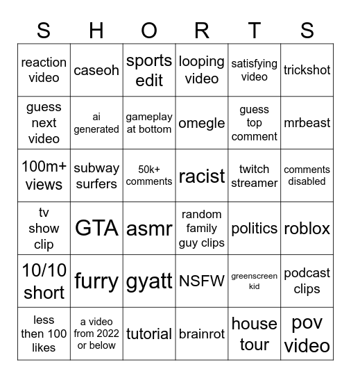 shorts bingo Card