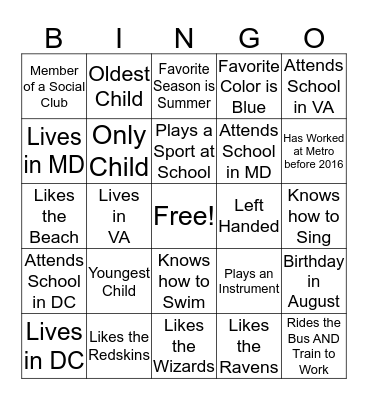 'Getting to Know You' Bingo Card