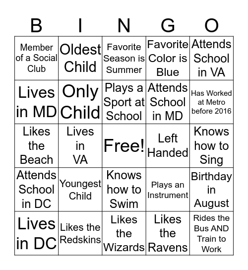 'Getting to Know You' Bingo Card