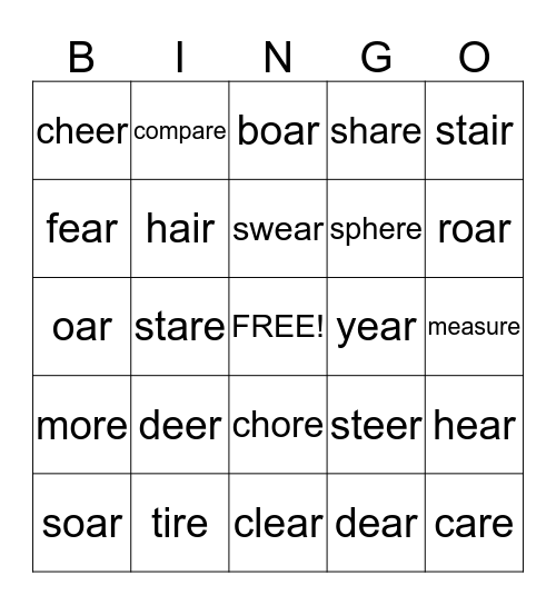 R-controlled vowels are, air, eer, ere, ear, ore, oar, ire, ure Bingo Card