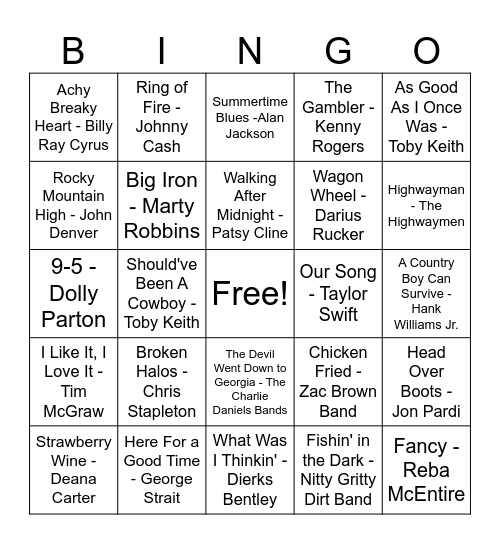 Country Classics Bingo Card