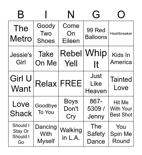 80s Invasion Music Bingo Card