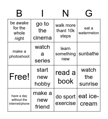 summer checklist Bingo Card