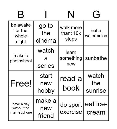 summer checklist Bingo Card