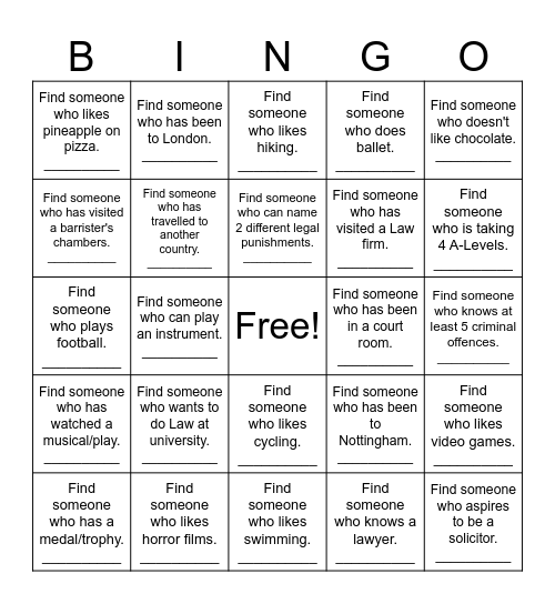 'Find Someone Who' Bingo...(A-Level Law) Bingo Card