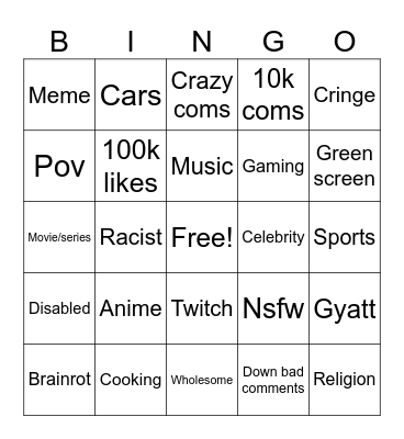 Instagram reels Bingo Card