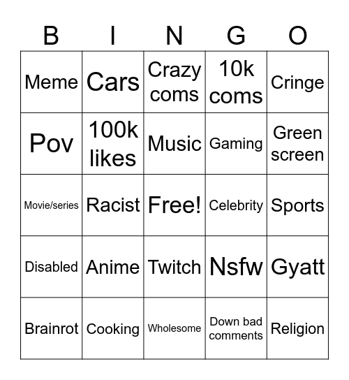 Instagram reels Bingo Card