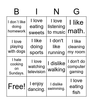 Likes and dislikes Bingo Card