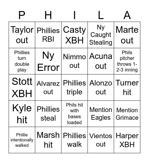 Phillies Bingo Card