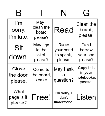 Classroom Language Bingo Card