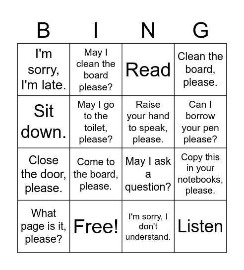 Classroom Language Bingo Card