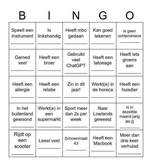 Kennismakingsbingo! Bingo Card