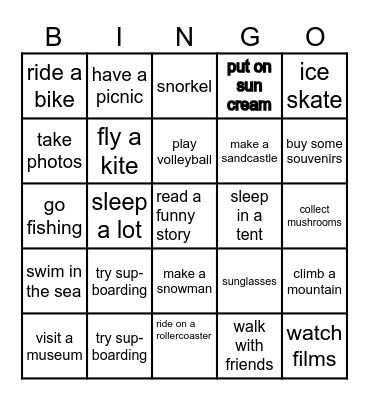 Summer Holidays Bingo Card