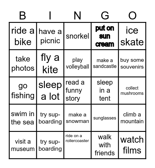 Summer Holidays Bingo Card