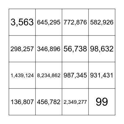 Place Value Bingo Card