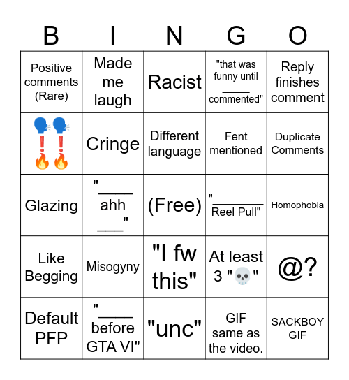 Instagram Reels Comments Bingo Card