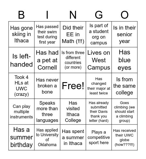 UWC Cornell BINGO Card