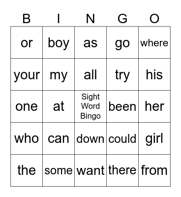 Sight Word Bingo Card