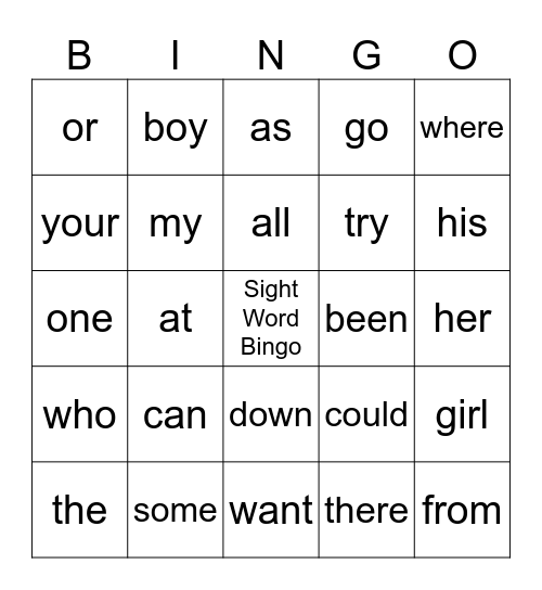 Sight Word Bingo Card