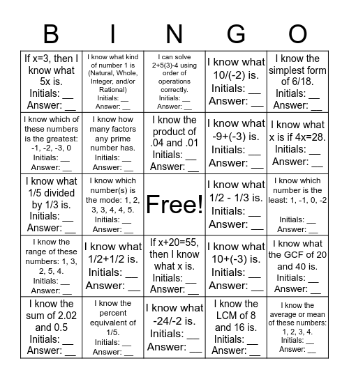 Math Bingo Card