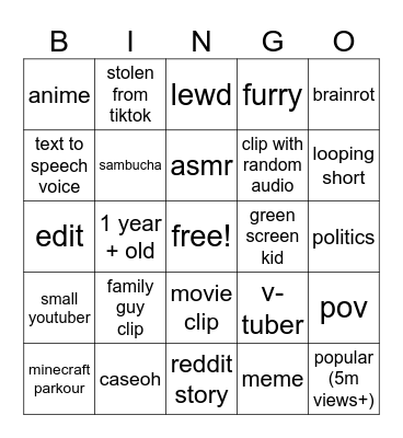 yt short bingo Card