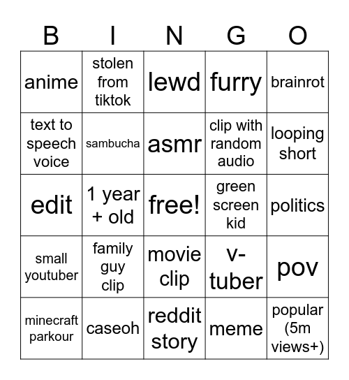 yt short bingo Card