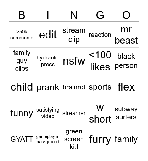 youtube shorts bingo Card