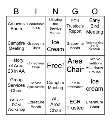 2024 Area 23 Service Weekend Bingo Card