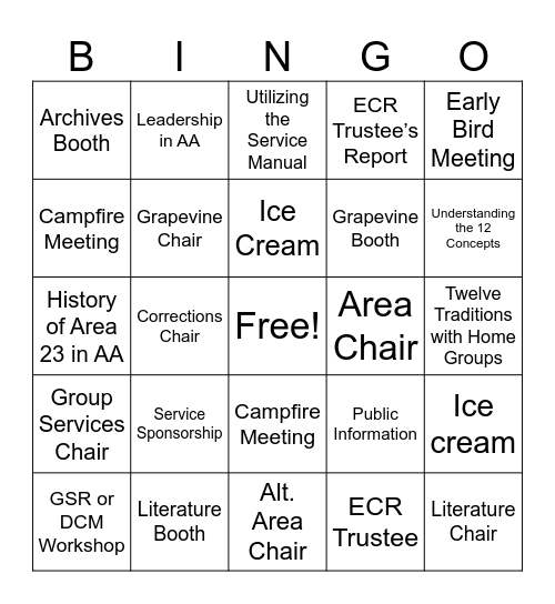 2024 Area 23 Service Weekend Bingo Card