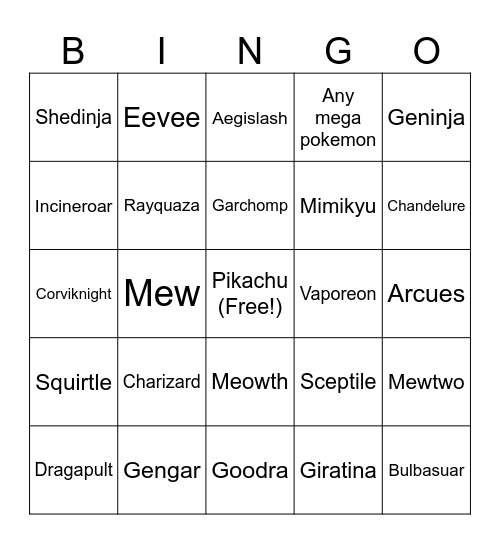 Pokémon bingo Card