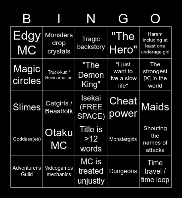 Fantasy Anime/Manga BINGO Card