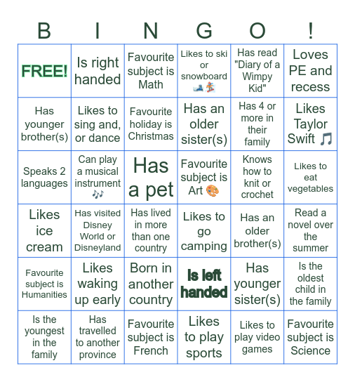 Student Bingo! Bingo Card