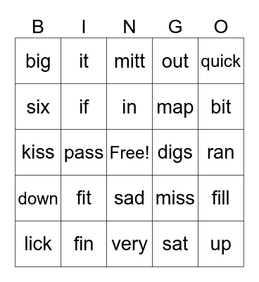 Short Vowel I Bingo Card