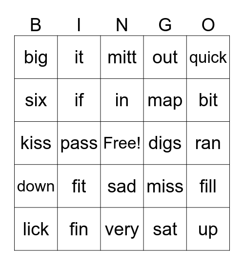 Short Vowel I Bingo Card