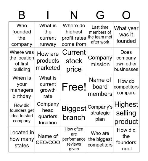 Coporate Challenge Bingo Card