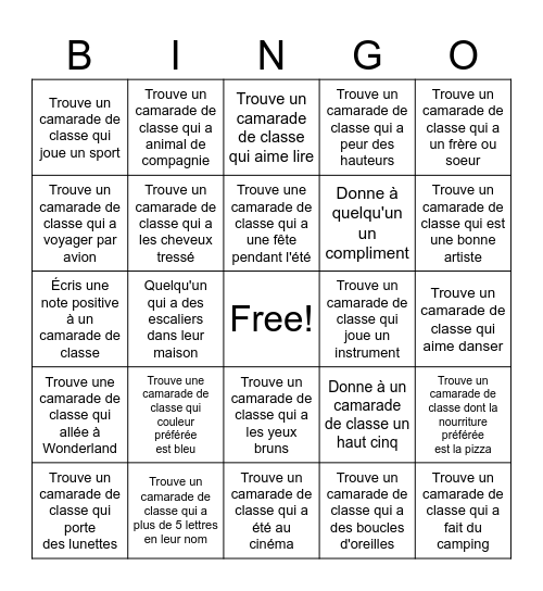 Bingo de L'amitié Bingo Card