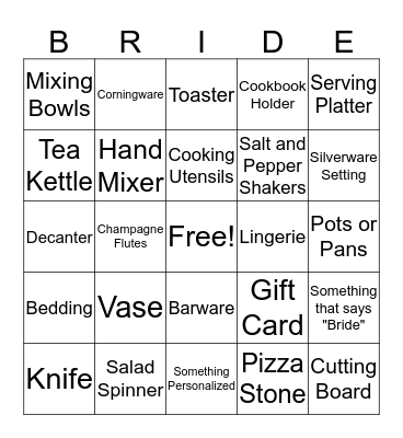 Bridal Bingo Card